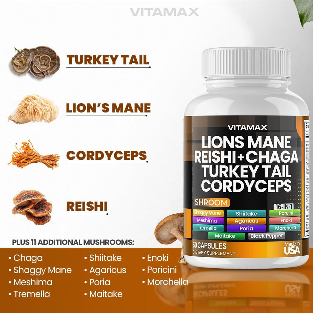 Lions Mane Mushroom, Turkey Tail, Chaga & Reishi, Cordyceps Shiitake White Elm King Trumpet Nameko Oyster Porcini Focus & Energy - Made in USA