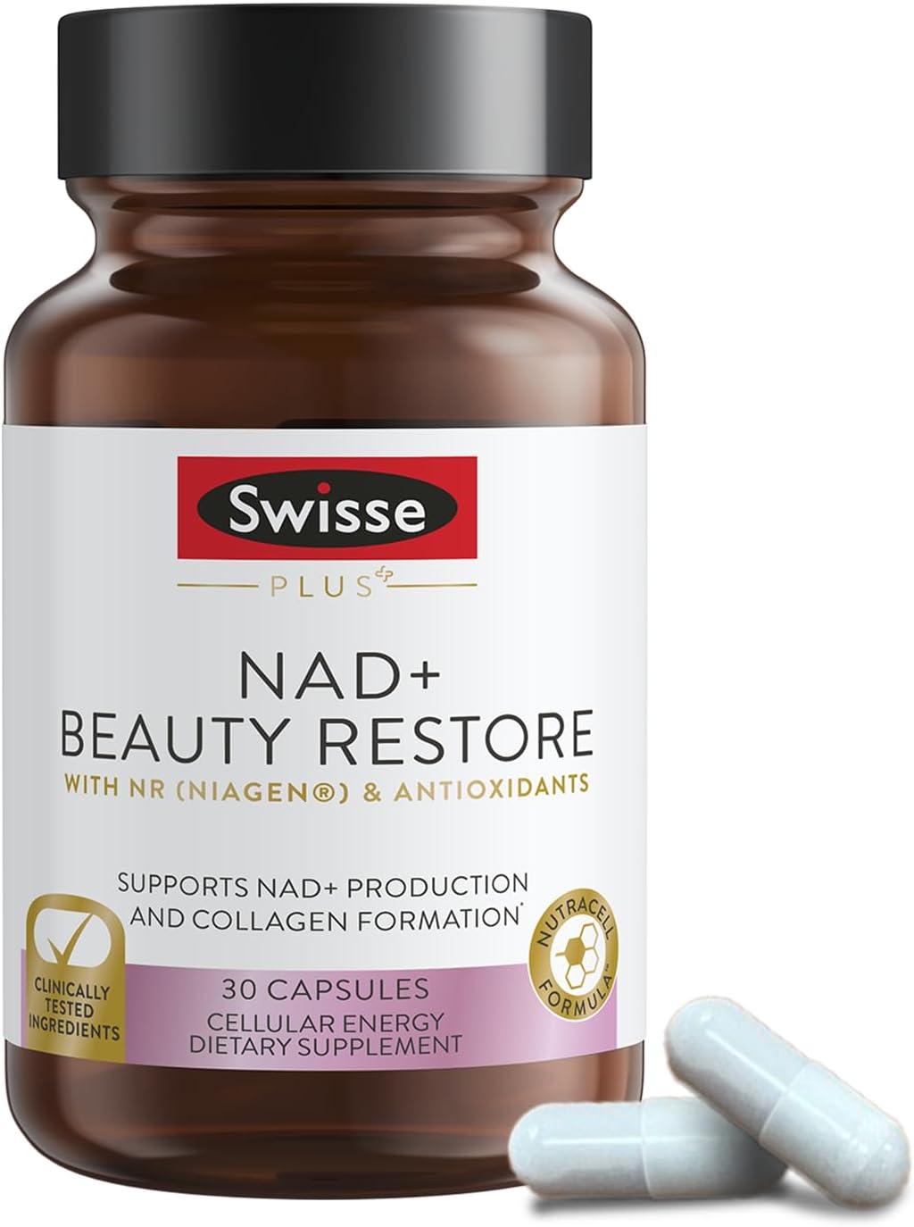 Swisse Plus NAD+ Beauty Restore | Clinically Tested Ingredients | NAD+ Supplement for Men & Women | Supports Collagen Formation, Skin Elasticity & Anti-Aging Supplement | 30 Capsules