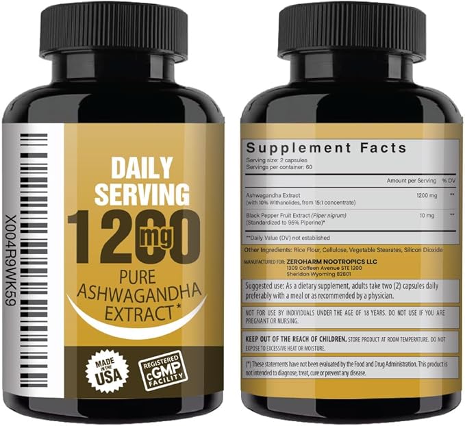 NooMost Ashwagandha 1200mg Supplement | 10% Withanolides with Black Pepper Extract | Pure Root Extract for Stress Relief, Promotes Energy, Mood, Helathy Sleep for Men & Women | 120 Capsules