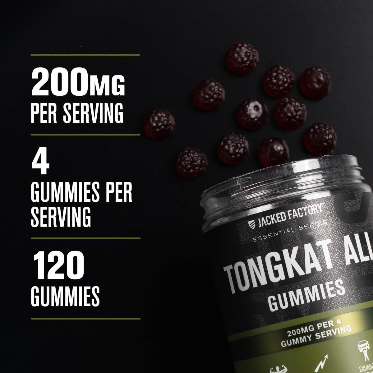 Jacked Factory Tongkat Ali Gummies - 100:1 Tongkat-Ali (Eurycoma Longifolia) Extract for Enhanced Vitality, Improved Energy Levels, Increased Strength, & Lean Muscle Growth - 120 Count, Tart Cherry