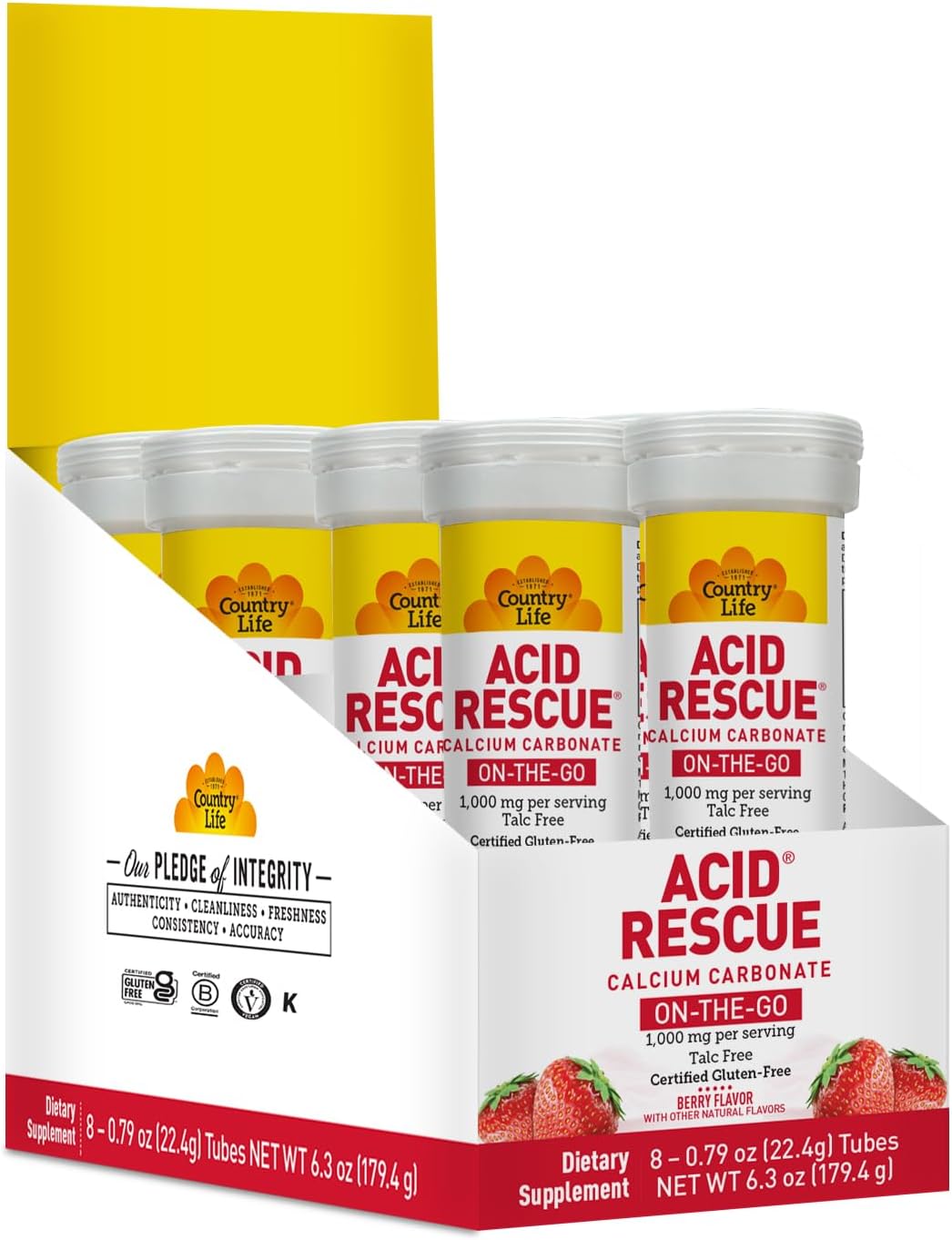 Country Life Acid Rescue On-The-Go Chewable Tablets - Certified Vegan & Gluten-Free Heartburn Relief, 400mg Calcium & Magnesium, Non-GMO, Sugar-Free Berry Flavor, Supports Bone Health, 8 Pack