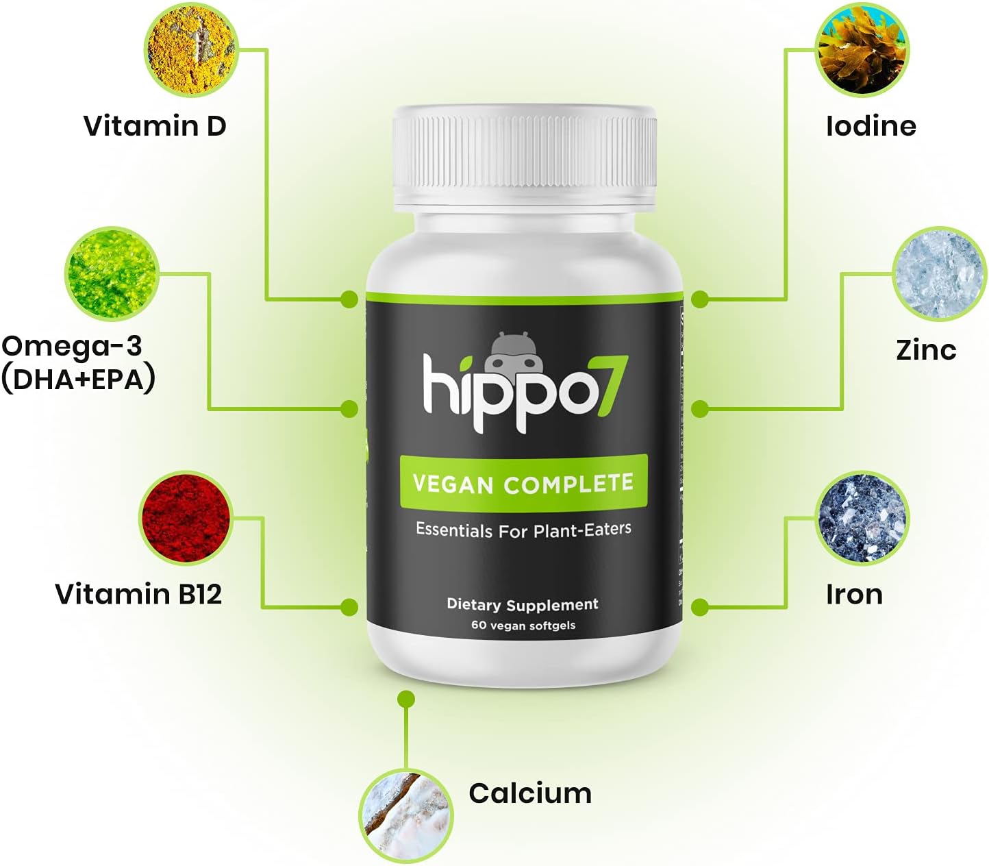 Vegan Complete Multivitamin Vitamin B12, Vitamin D, Omega-3 DHA+EPA, Calcium, Iodine, Zinc & Iron. (1 Bottle, 60 Softgels)
