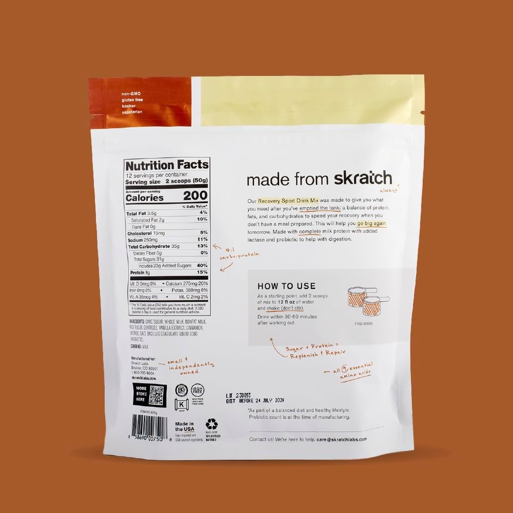 Skratch Labs Post Workout Recovery Drink Mix with Horchata, (21.2 oz, 12 Servings) with Complete Milk Protein of Casein and Whey and Probiotics, Gluten Free, Kosher, Vegetarian
