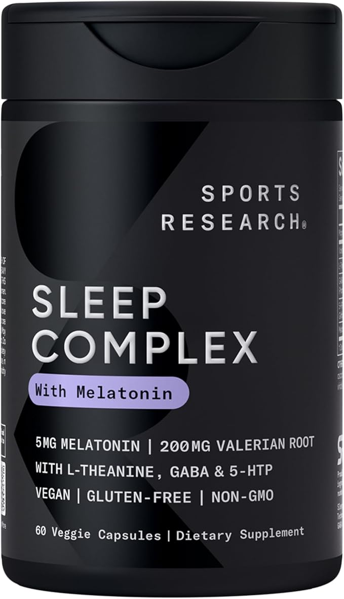 Sports Research® Sleep Complex with Melatonin 5mg, L-Theanine 200mg & Magnesium - Supports Restorative Sleep & Relaxation - Vegan Certified · Non-GMO · Gluten Free - 60 Veggie Capsules