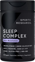 Sports Research® Sleep Complex with Melatonin 5mg, L-Theanine 200mg & Magnesium - Supports Restorative Sleep & Relaxation - Vegan Certified · Non-GMO · Gluten Free - 60 Veggie Capsules