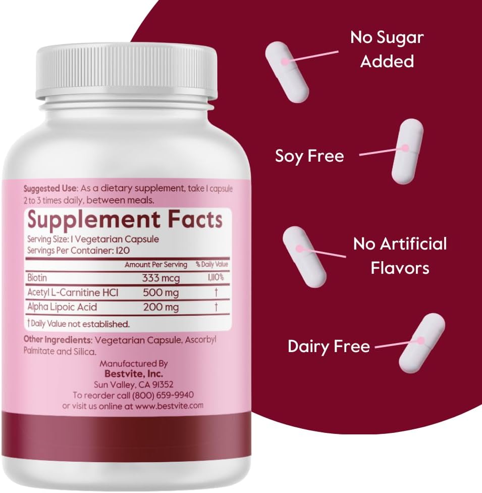 BESTVITE Acetyl L-Carnitine 500mg & Alpha Lipoic Acid 200mg per Capsule with Biotin (240 Vegetarian Capsules) (120 x 2) - No Stearates - Vegan - Non GMO - Gluten Free