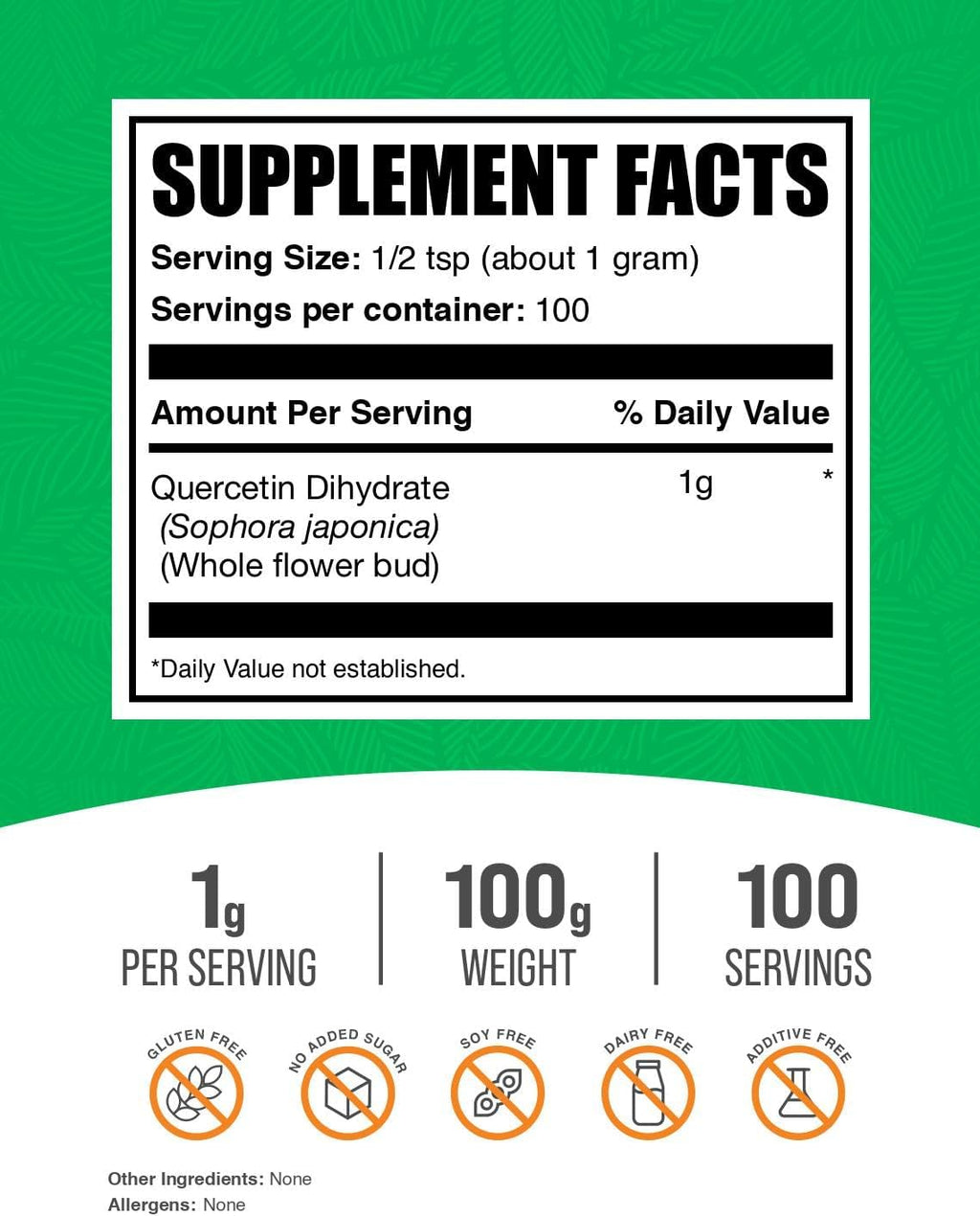 BulkSupplements.com Quercetin Dihydrate Powder - Quercetin Supplements, Antioxidants Source - Vegan & Gluten Free, 1g per Serving, 100g (3.5 oz) (Pack of 1)