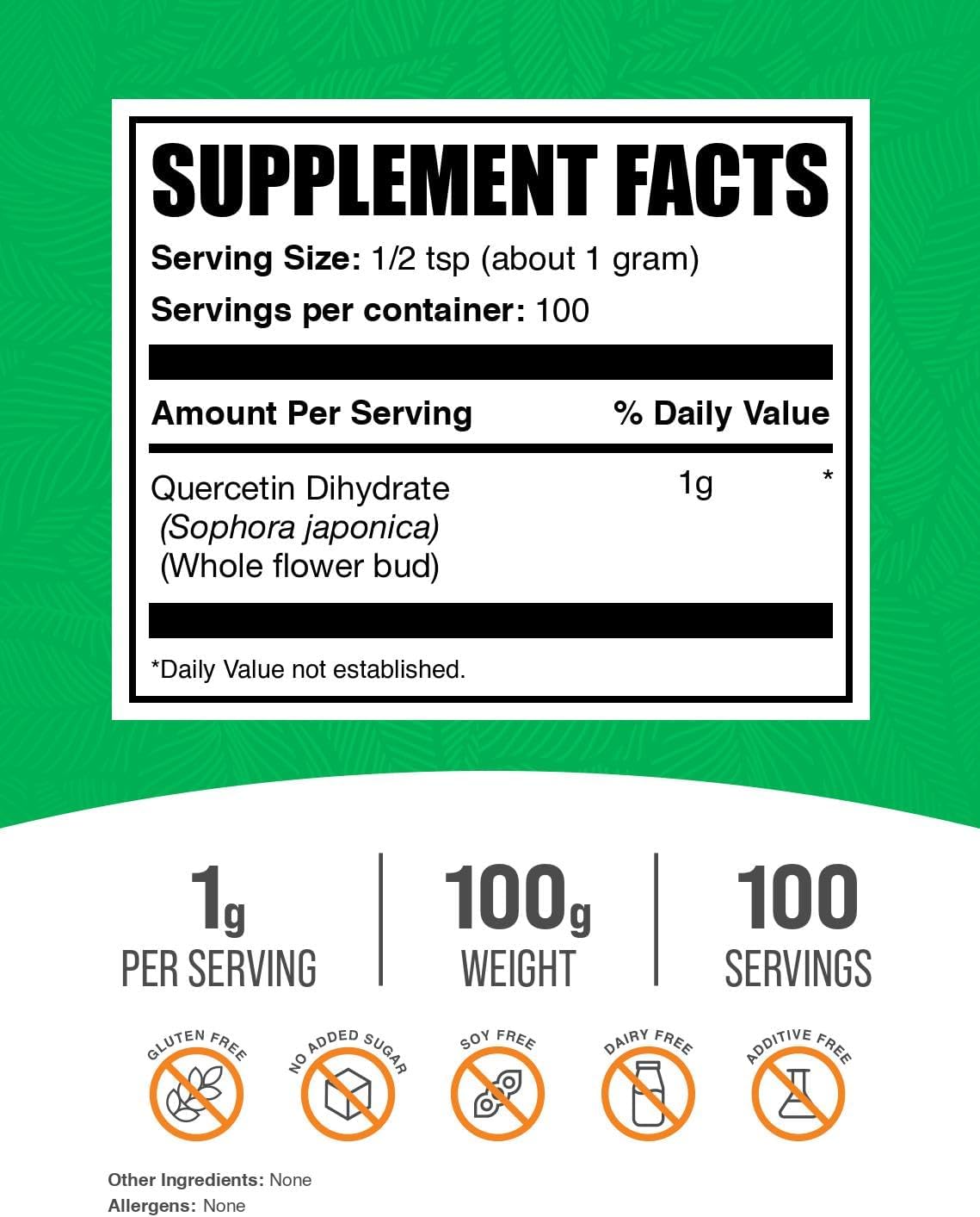 BulkSupplements.com Quercetin Dihydrate Powder - Quercetin Supplements, Antioxidants Source - Vegan & Gluten Free, 1g per Serving, 100g (3.5 oz) (Pack of 1)