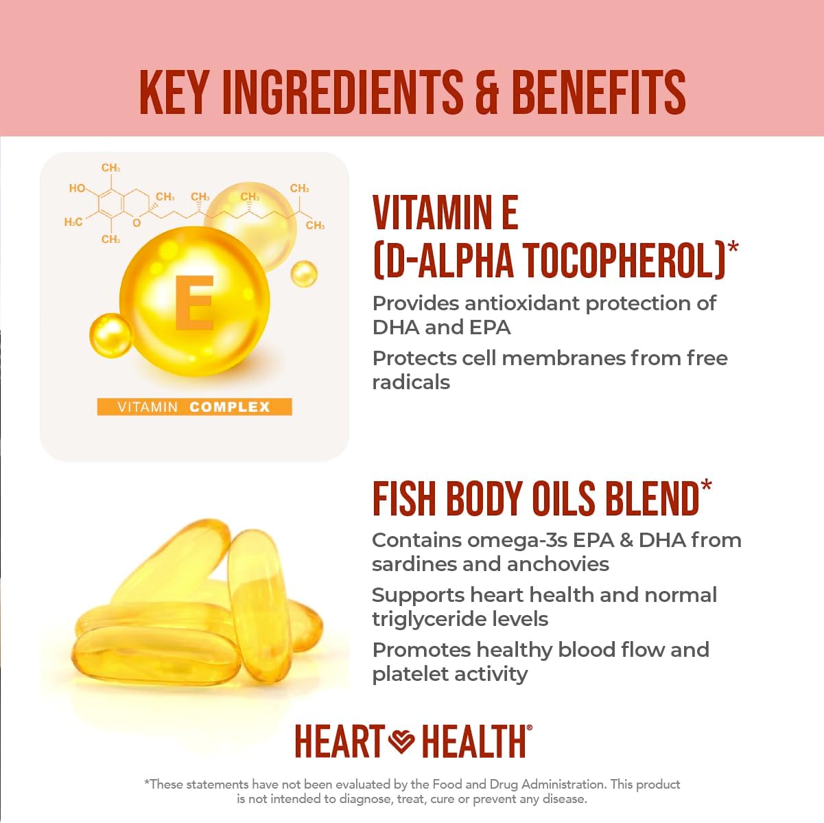 Heart Health Essential Omega 3 Fish Oil with Vitamin E - High Potency Omega 3 Fish Oil Supplement with EPA & DHA - Burpless Softgels from Sardines & Anchovies - Non-GMO, Gluten Free - 60 Servings