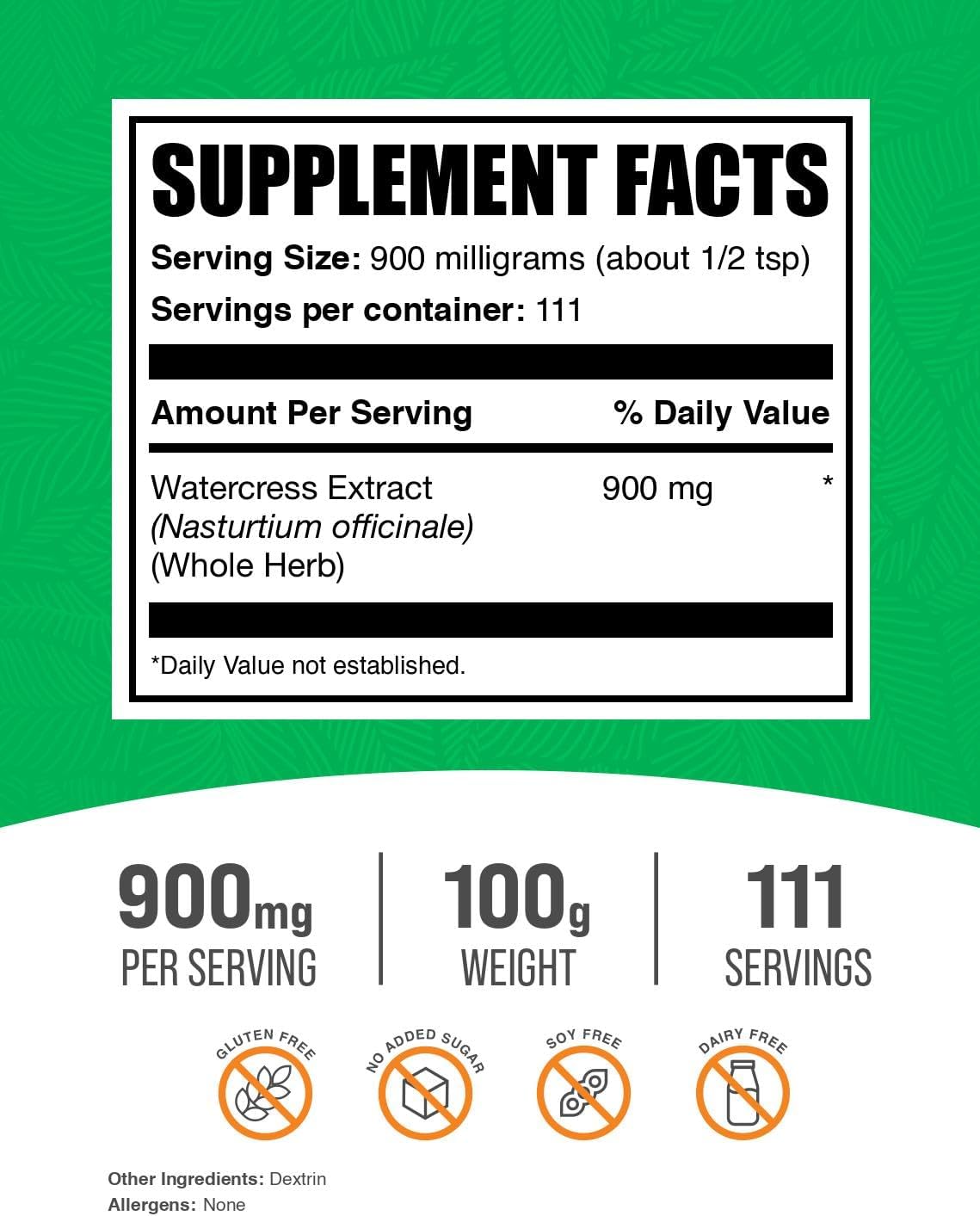 BulkSupplements.com Watercress Extract Powder - Nasturtium Officinale Extract, Watercress Powder - Gluten Free, 900mg per Serving, 100g (3.5 oz) (Pack of 1)