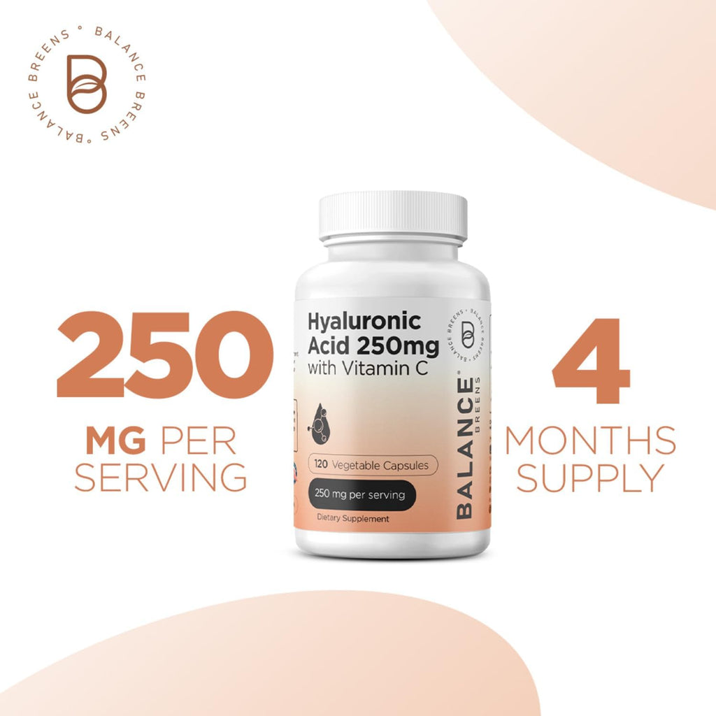Pure Hyaluronic Acid Supplement 250mg with Vitamin C 50mg, 120 Vegan Capsules - Skin Hydration for Natural Glow, Hair, Nails, Bone & Joint Health Formula
