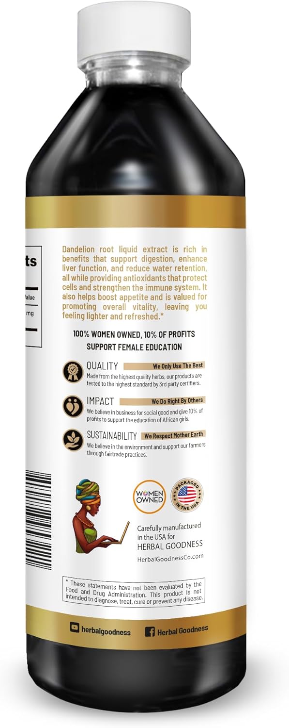 Herbal Goodness Dandelion Root Extract Liquid – Organic Herbal Supplement for Liver Health & Gut Support | Alcohol-Free Plant-Based Non-GMO, Vegan, Gluten Free Dandelion Root Tea Tincture 12 fl.oz