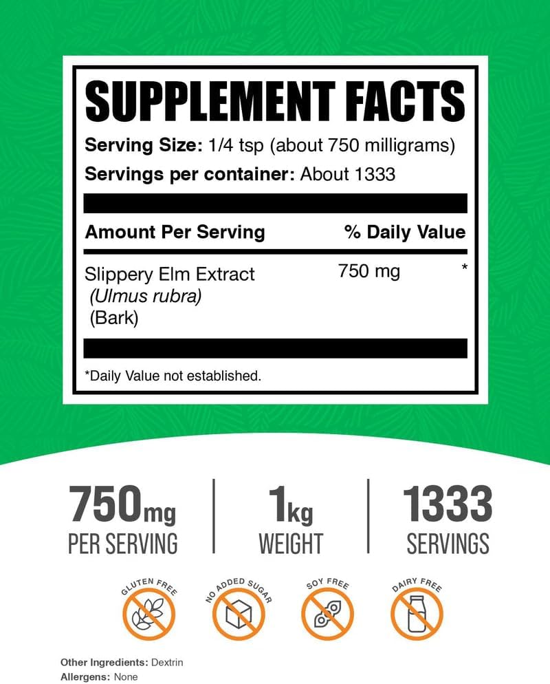 BulkSupplements.com Slippery Elm Bark Extract Powder - Slippery Elm Powder, Sourced from Ulmus Rubra Bark - Gluten Free, 750mg per Serving, 1kg (2.2 lbs) (Pack of 1)