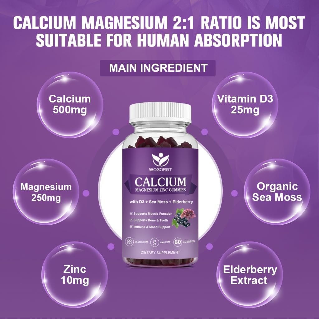 Calcium Magnesium Zinc Gummies with Vitamin D3 - High Absorption Complex Calcium Supplement with Sea Moss, Elderberry for Bone, Muscles, Immune, Mood & Sleep Support, Vegan - 60 Gummies (2 Pack)