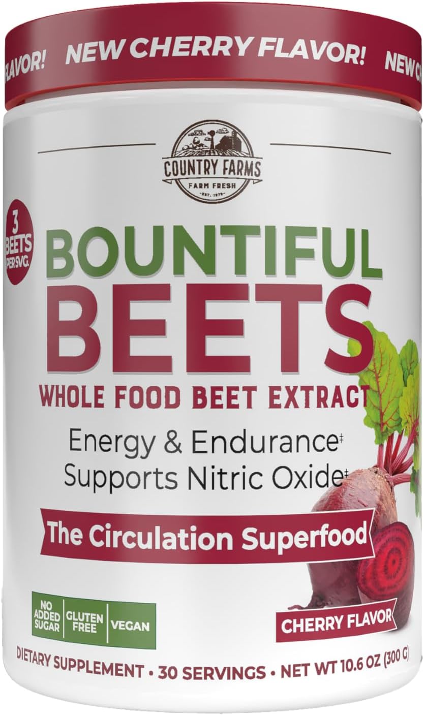 Country Farms Bountiful Beets, Wholefood Beet Extract Superfood, Helps Support Healthy Circulation and Promote Energy, Nitric Oxide Boost, Cherry Flavor, 30 Servings
