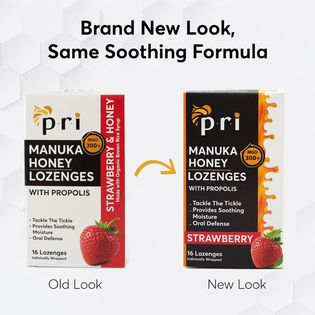P.R.I Manuka Honey Lozenges with Propolis, Soothing Cough and Throat Drops, MGO 300+ Certified (Strawberry, 16 Count/2 Pack)