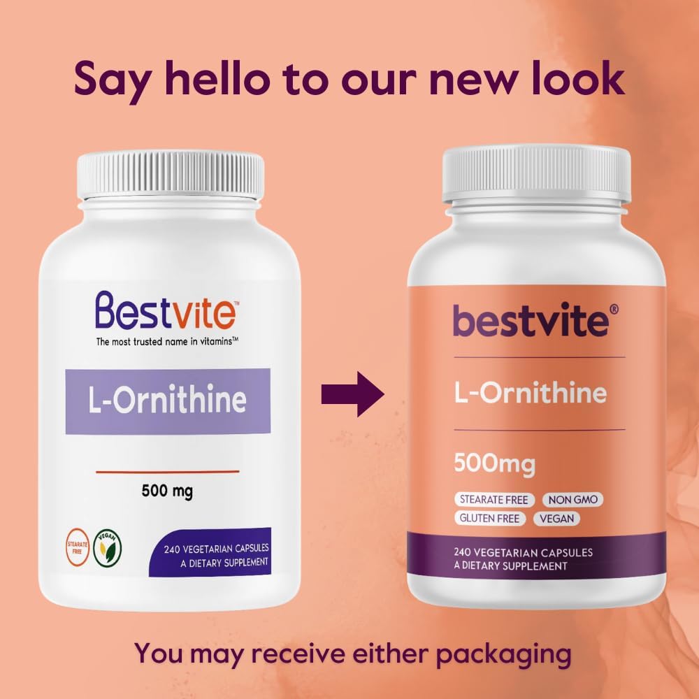 BESTVITE L-Ornithine 500mg (240 Vegetarian Capsules) - No Stearates - No Fillers - Vegan - Non GMO - Gluten Free