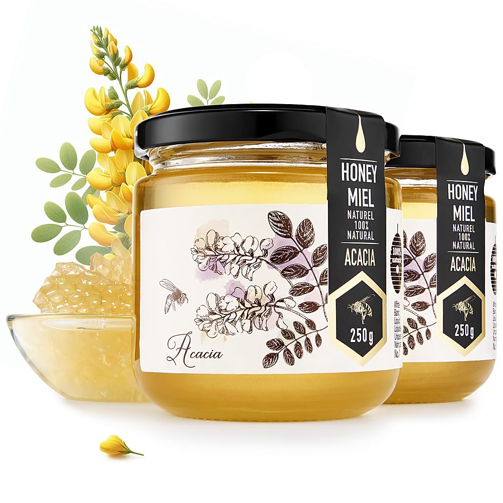 HONIGMA® Acacia Raw Honey | Exquisite Taste | 100% Pure | Unpasteurized | Unfiltered | Partially crystallized | 250g/8.8oz | Pack of 2