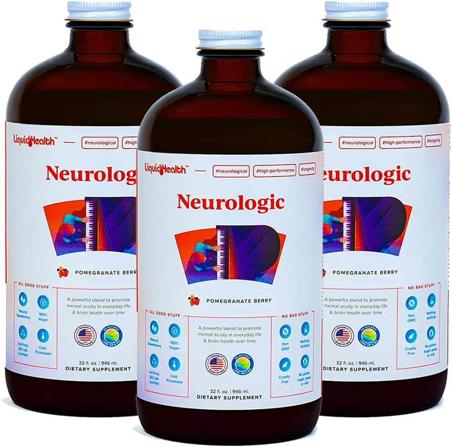 LIQUIDHEALTH Neurologic Focus Supplement - Brain Booster Nootropic Supplement for Cognitive Function, Memory & Focus with Ginkgo Biloba, Choline, L-Theanine & Phosphatidylserine - USA Made (3 Pack)