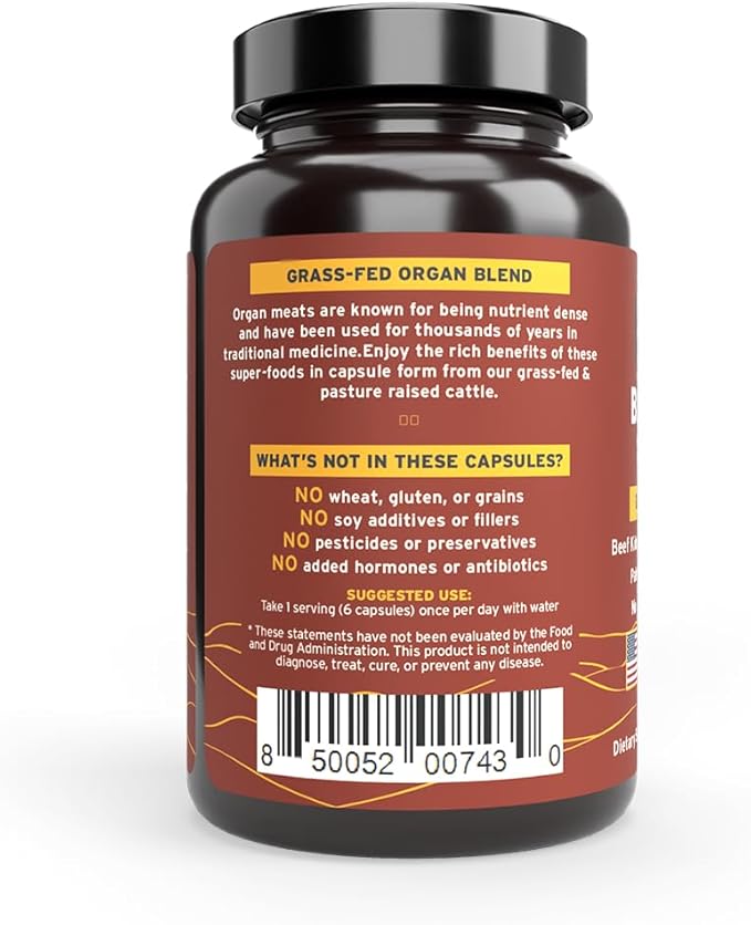 Paleo Pro O.G. Blend Premium Beef Organs Capsules, Kidney, Heart, Liver, Spleen and Pancreas from Grass Fed & Pastured Cows, Dietary Supplement, No GMO, 180 Capsules (Beef Organ Complex)