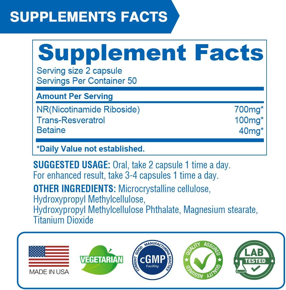 Lovita NR (Nicotinamide Riboside) 840 mg, NAD Supplement with Trans-Resveratrol and Betaine, Promote NAD Plus Levels, Healthy Aging, 100 Vegan Enteric-Coated Capsules