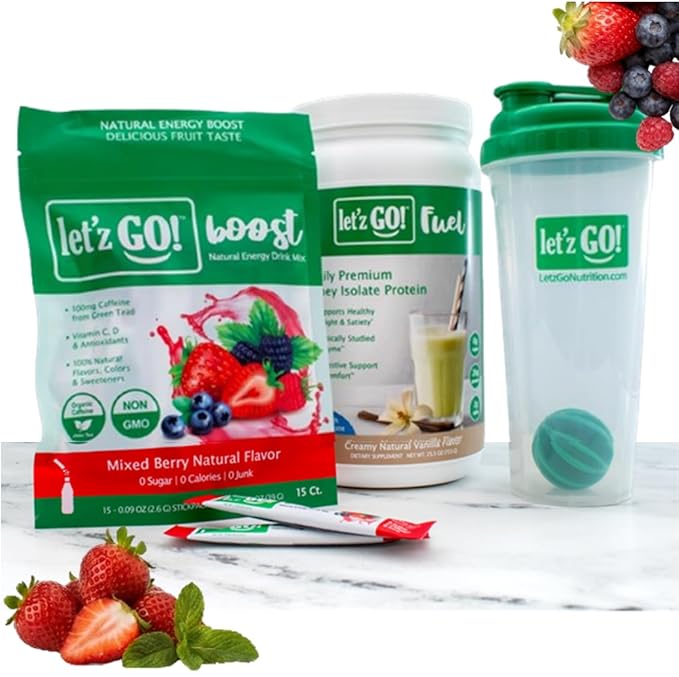 Let’z Go Mixed Berry 30-Day Smoothie Kit | Clean Energy Drink Mix (30 Pack) + Whey Isolate Protein (30 Servings) with Shaker Cup | Natural Caffeine, Vitamins C+D, Electrolytes | Sugar-Free