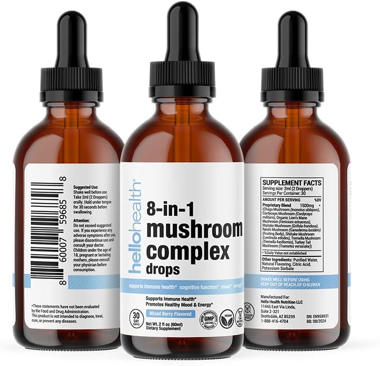 8-in-1 Mushroom Supplement Drops – Nootropics Brain Support Supplement Liquid Mushroom Complex with Lions Mane, Turkey Tail, Reishi & Shiitake Mushrooms Extract for Energy & Immune Support 2 Oz