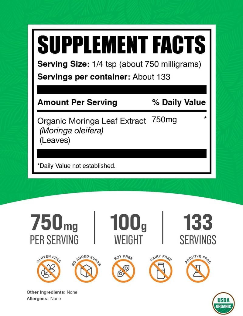 BulkSupplements.com Organic Moringa Extract Powder - Superfood Supplement, from Moringa Oleifera - Vegan & Gluten Free, 750mg per Serving, 100g (3.5 oz) (Pack of 1)