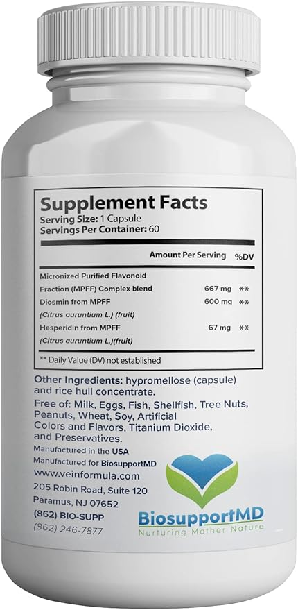 VITASUPPORTMD Vein Formula, Blood Circulation and Leg Vein Supplement, 60 Capsules, Diosmin Hesperidin 667 mg from MPFF, Micronized Bioflavonoids