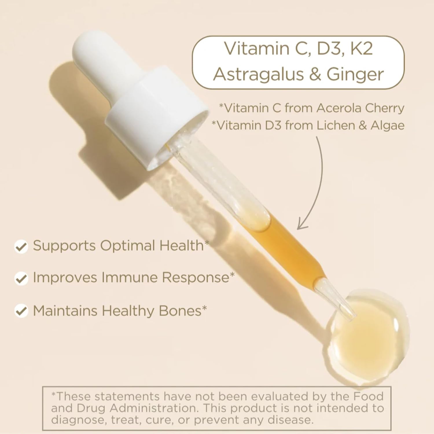 Astragalus & Ginger Natural Vitamin D3 & K2 Liquid Drops for Immune Support | Immunity Herbal Blend | 100% Pure Essential Oils & Lemon Tincture | Made in USA