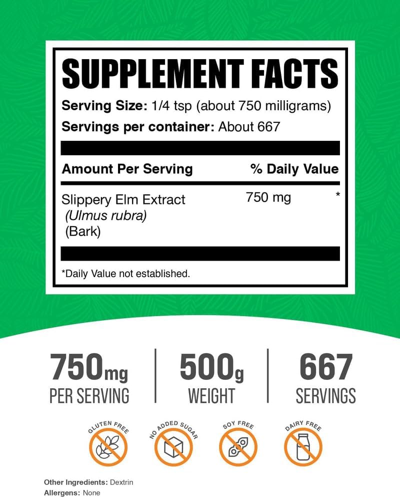 BulkSupplements.com Slippery Elm Bark Extract Powder - Slippery Elm Powder, Sourced from Ulmus Rubra Bark - Gluten Free, 750mg per Serving, 500g (1.1 lbs) (Pack of 1)