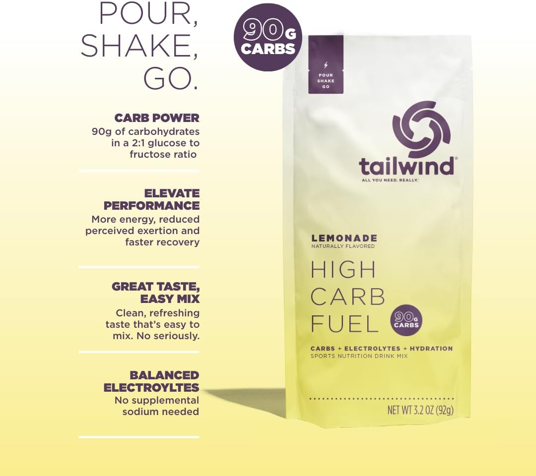 Tailwind Nutrition High Carb Fuel, 90 g High Intensity Carbs (2:1 Glucose:Fructose) + Electrolytes, Gluten‑Free, Vegan, Lemonade, Single‑Serving 6 Pack