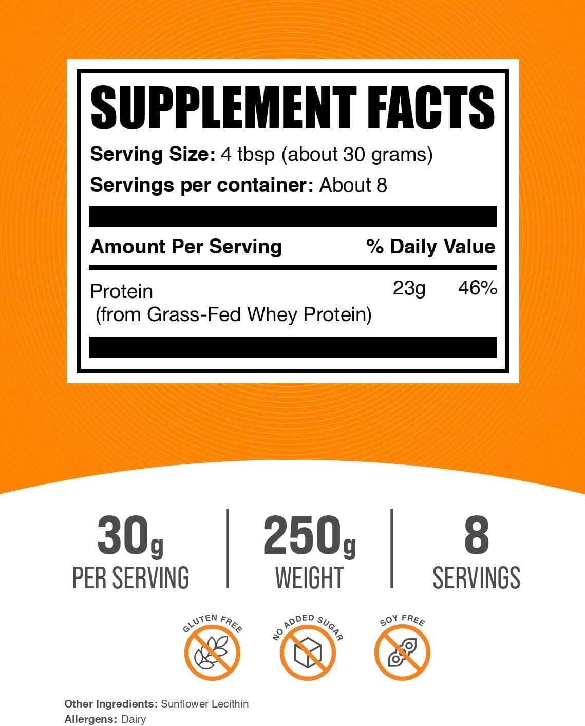 BulkSupplements.com Grass Fed Whey Protein Powder - Whey Protein Concentrate Powder - Unflavored & Gluten Free, 30g per Serving, 250g (8.8 oz) (Pack of 1)