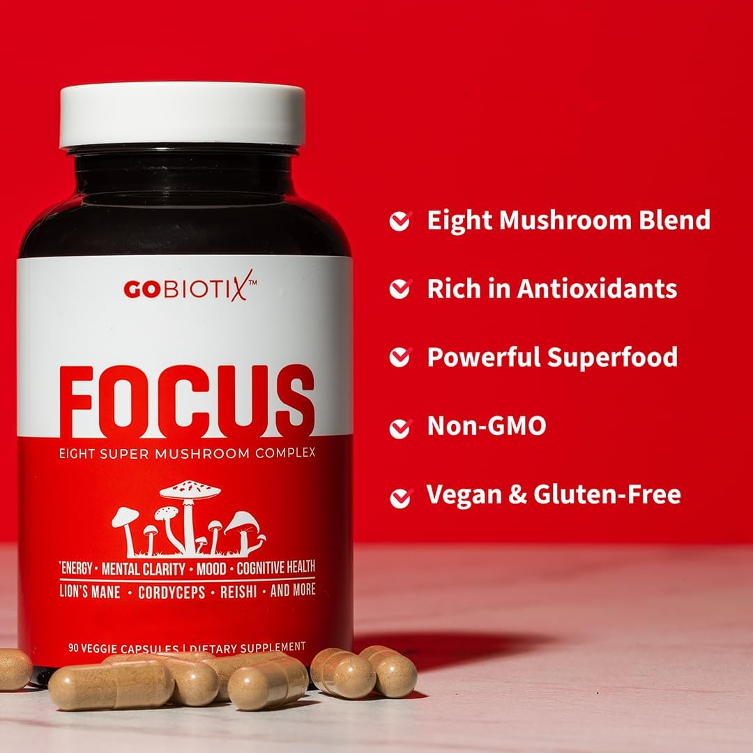 GOBIOTIX Focus Lions Mane Supplement - Mushroom Complex - Nootropics Adaptogen Vitamins - Memory, Clarity, Energy, Immune Support, Cordyceps, Reishi, Chaga, and Maitake - 90 Capsules