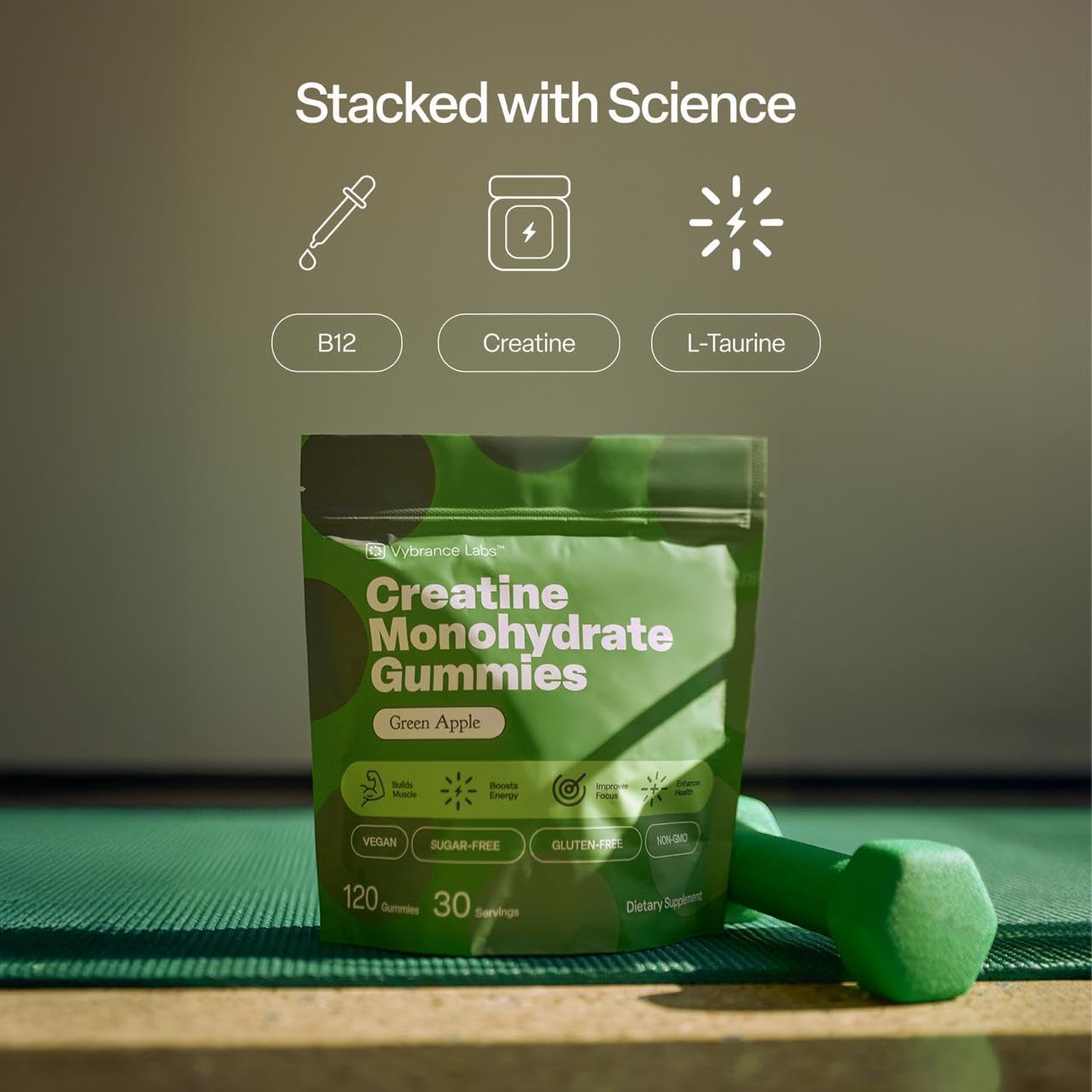Creatine Gummies 5g Creatine Creapure + Taurine & B12 - Sugar-Free, Vegan, Gluten-Free - Green Apple - 120 Count (30 Servings) for Strength, Energy & Focus