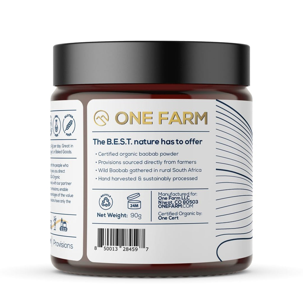 One Farm by WAAYB Organic Baobab Powder Non-GMO, Fair-Trade, Vegan, Gluten Free, Single Origin, 100% South African Baobab, Premium Quality in Resealable Jar
