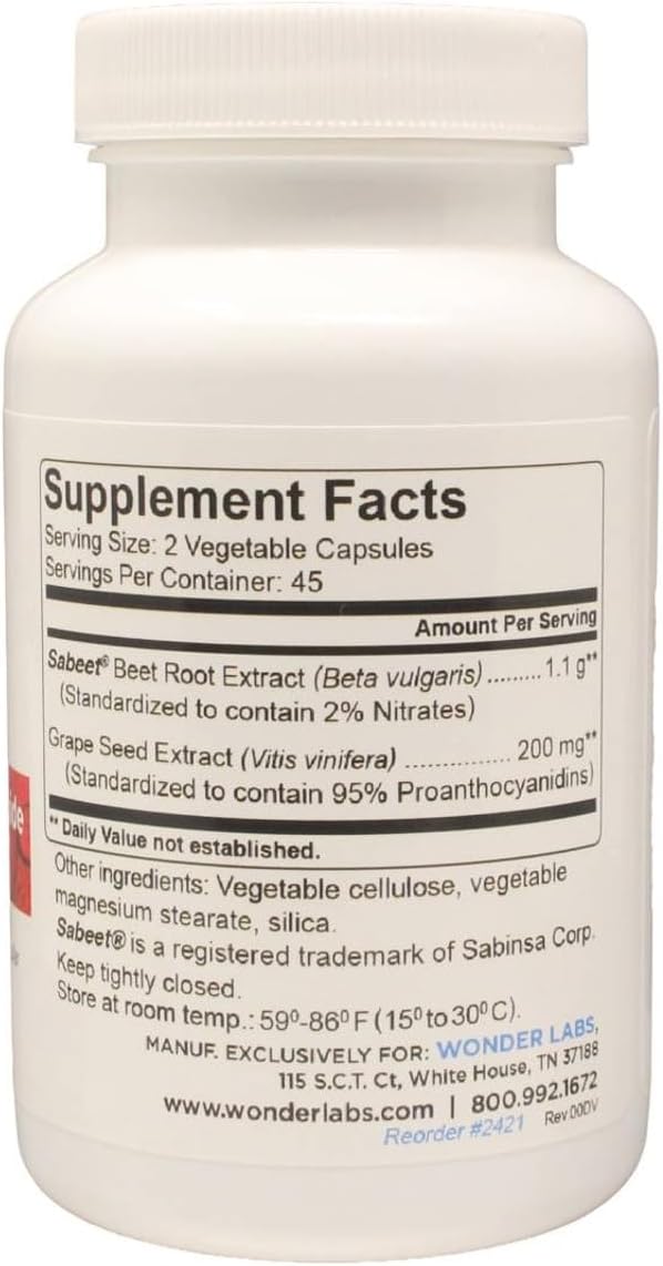 Wonder Beet Beet Root Capsules 1100mg, Standardized to 2% Nitrates, Helps Support Nitric Oxide Production, Blood Pressure, Heart Health, Contains Non-GMO Beetroot Powder and Grape Seed Extract (90)