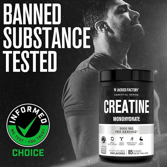 Jacked Factory Creatine Monohydrate Powder 425g - 5g Daily Creatine Supplement for Men and Women, Vegan-Friendly, Third-Party Tested - 85 Servings, Unflavored