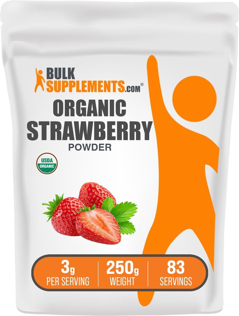 BulkSupplements.com Organic Strawberry Powder - Fruit Powder from Organic Strawberries - No Sugar Added & Gluten Free, 3g per Serving, 250g (8.8 oz) (Pack of 1)