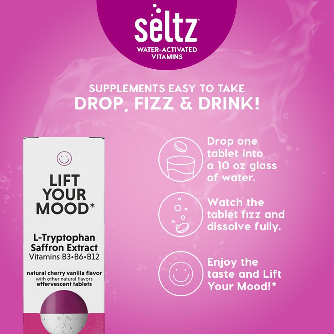 Seltz® Water-Activated Vitamins - Lift Your Mood with L-Tryptophan, Saffron Extract and Vitamins B3 B6 B12 – Natural Cherry Vanilla Flavor Dietary Supplement- 1 Pack x 20 Effervescent Tablets