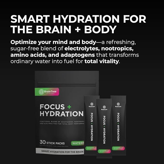 BrainTree Nutrition - Focus + Hydration - Electrolyte Drink Mix - Total Body Hydration - Supports Cognitive Function, Energy & Muscle Recovery - Sugar Free - Watermelon - 30 Stick Packs