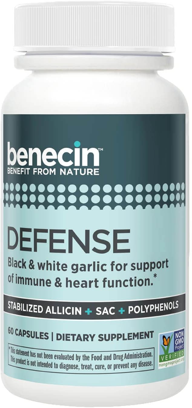 Benecin Defense 1500 mcg Stabilized Allicin per Capsule | Plus high Amounts of SAC & Polyphenols from Black Garlic | Powerful Support of Immune & Heart Function Vegetarian Caps (1 Count (Pack of 60))