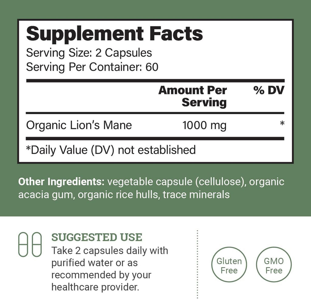Organic Lions Mane Supplement (1000mg), 2-Month Supply Lion's Mane Mushroom Supplement Extract to Support Focus, Memory (120 Capsules)