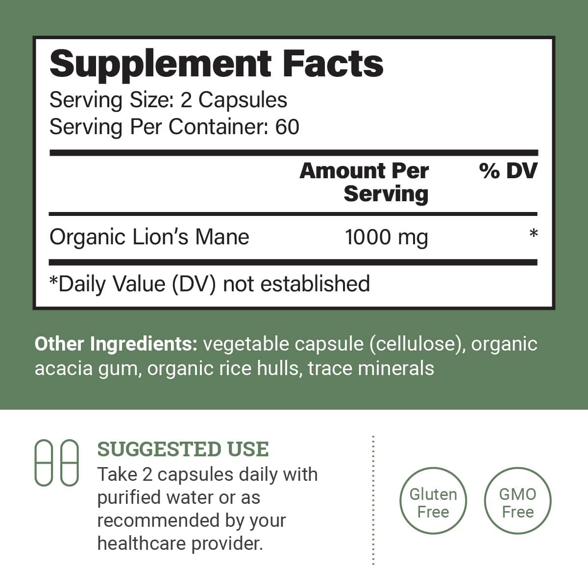 Organic Lions Mane Supplement (1000mg), 2-Month Supply Lion's Mane Mushroom Supplement Extract to Support Focus, Memory (120 Capsules)