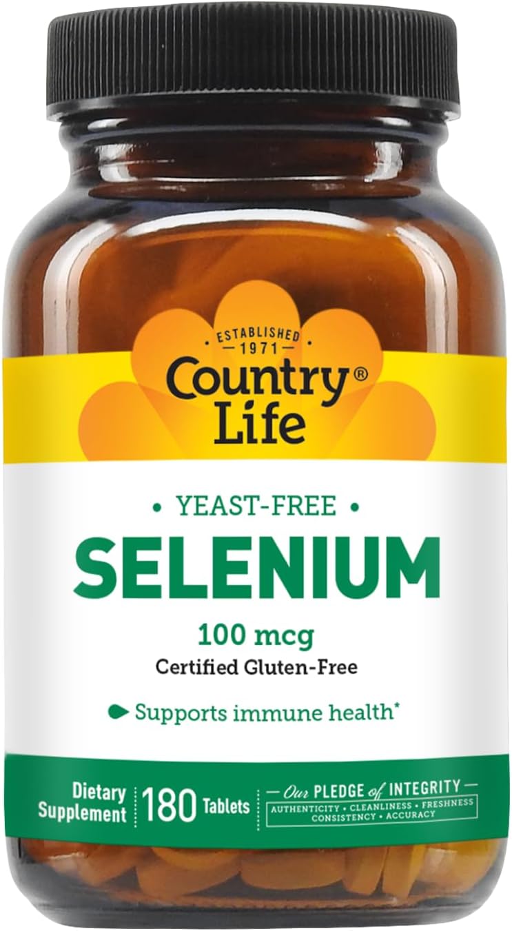 Country Life Selenium, Yeast Free, Supports Immune Health, 100 mcg, 180 Tablets, Gluten Free, Vegan, Halal