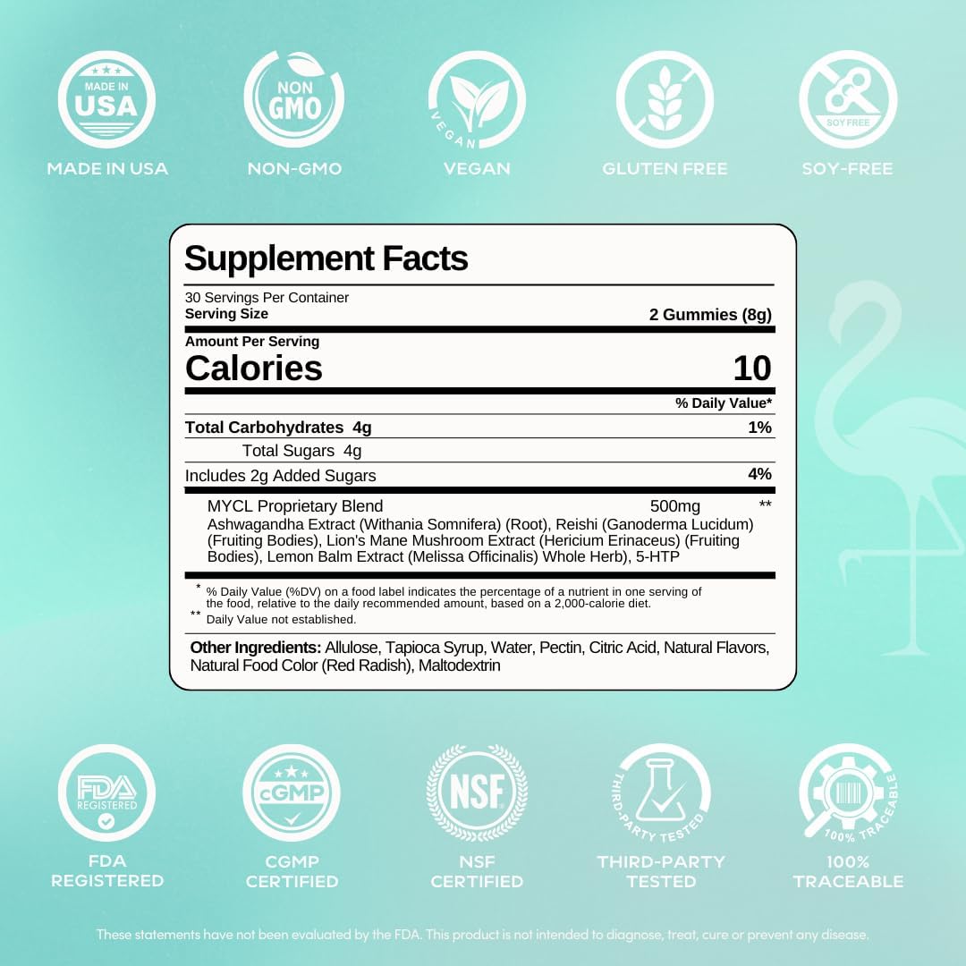 MYCL Bliss Mushroom Gummies | 500mg Ashwagandha, Reishi, Lion’s Mane, Lemon Balm & 5-HTP Whole Fruiting Body | Stress Relief, Relaxation & Mood Support | Vegan, Organic, Gluten-Free | 30 Servings