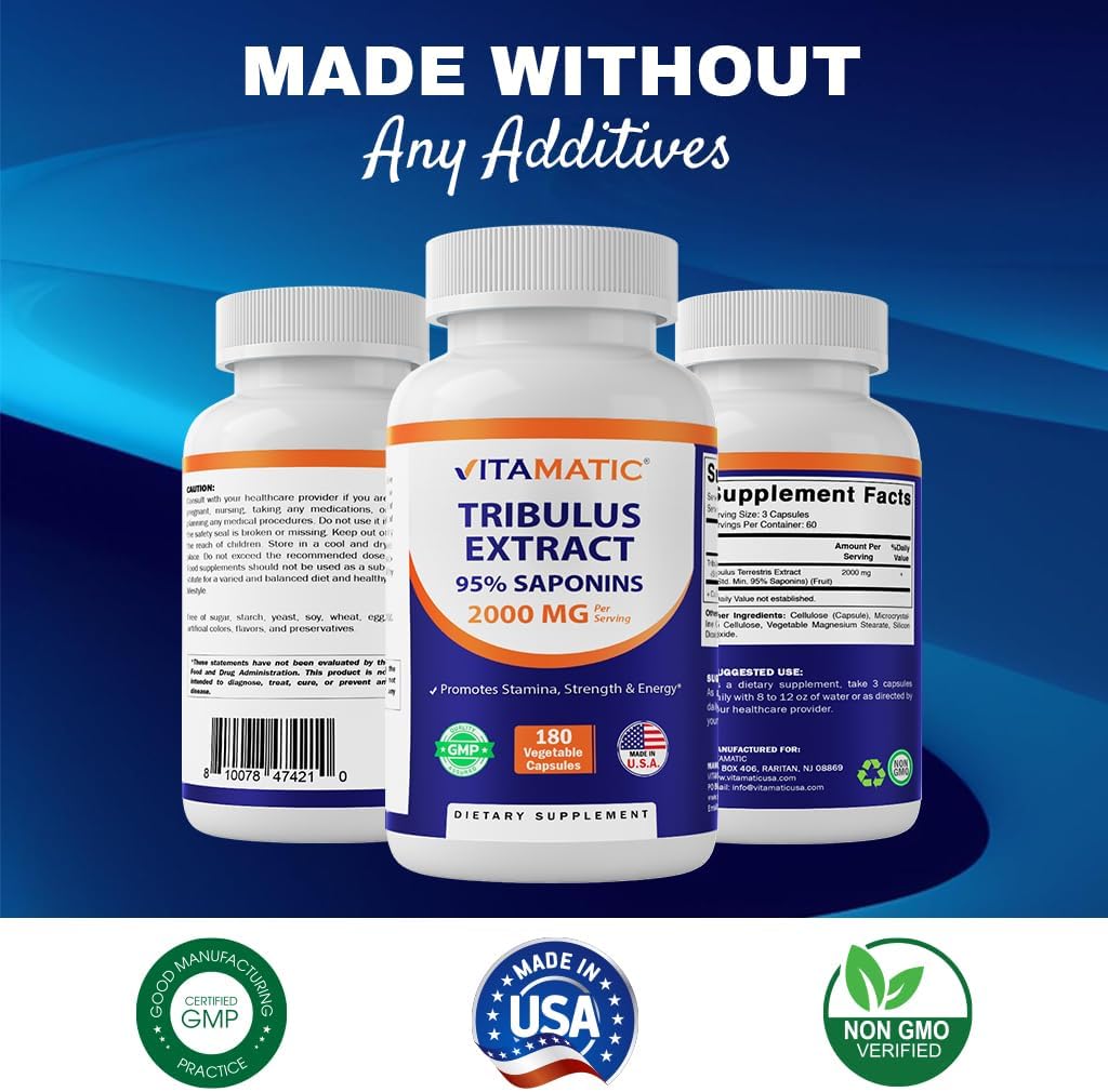 Vitamatic Tribulus Terrestris for Men - 2000 mg per Serving - 95% Saponins - 180 Vegetable Capsules - Made in The USA - Gluten Free & Non-GMO