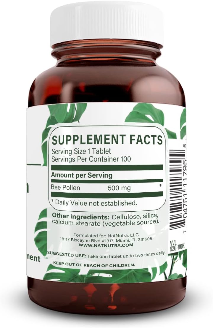 Natural Nutra Bee Pollen 500 mg, Gluten-Free Vegetarian Supplement, Helps Promotes Vitality, Energy Boost, Skin Health, Boost Stamina, Nutritional Supplement, 100 Tablets