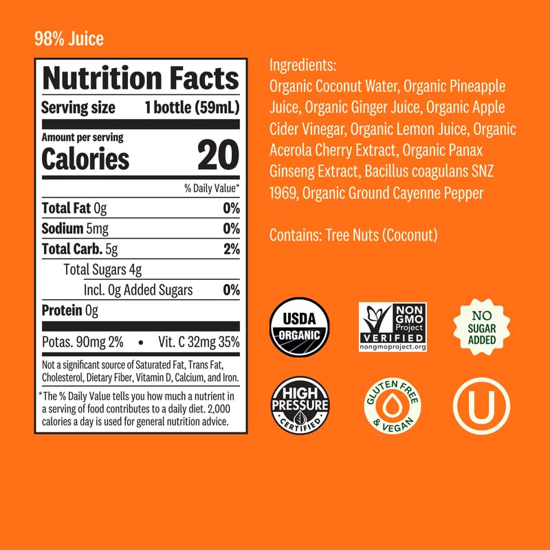 Suja Organic Digestion Shot with Ginger and Apple Cider Vinegar | Immunity Boost & Digestive Support | Functional Shots | Cold-Pressed Juice with Live Probiotics | Plant-Based & Gluten-Free
