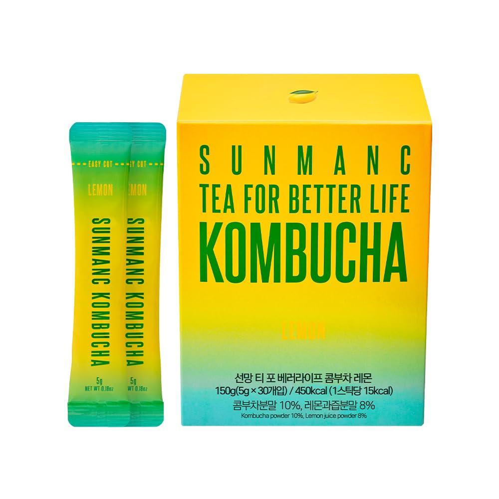 SUNMANC Kombucha 30 packets, Sparkling Probiotic Fermented Drink, Convenient Powdered Drink Mix, Tea Powder, Low Calories, Sugar 0g, Low Caffeine (Lemon)